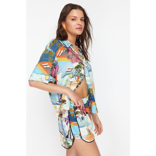 Trendyol Landscape Patterned Woven Shirt Shorts Set Slike