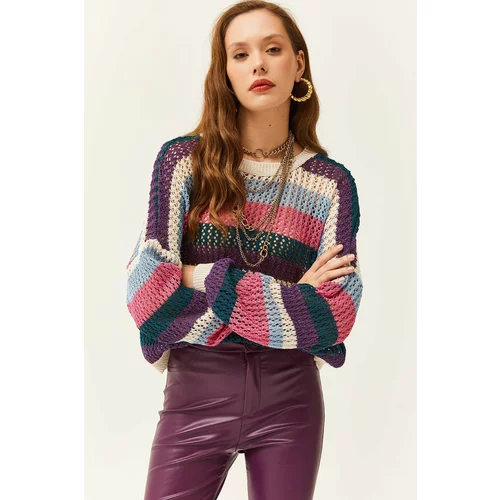 Olalook Women's Purple Blue Fuchsia Color Striped Openwork Knitwear Sweater
