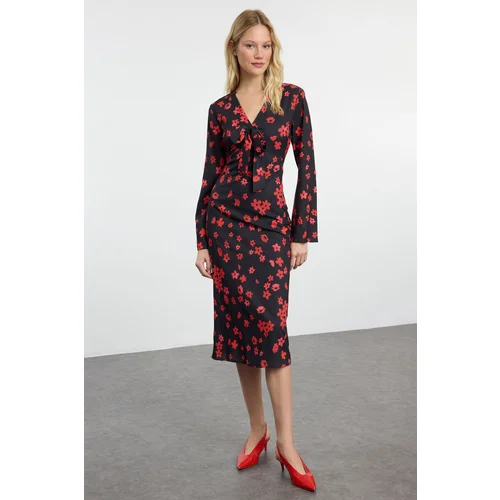 Trendyol Red Floral Patterned A-Line Tie Detailed V-Neck Midi Satin Woven Dress