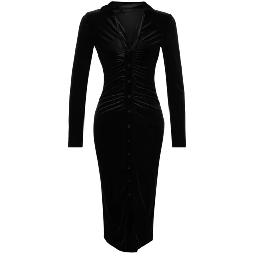 Trendyol Black Velvet Fitted/Simple Polo Neck Midi Knitted Dress