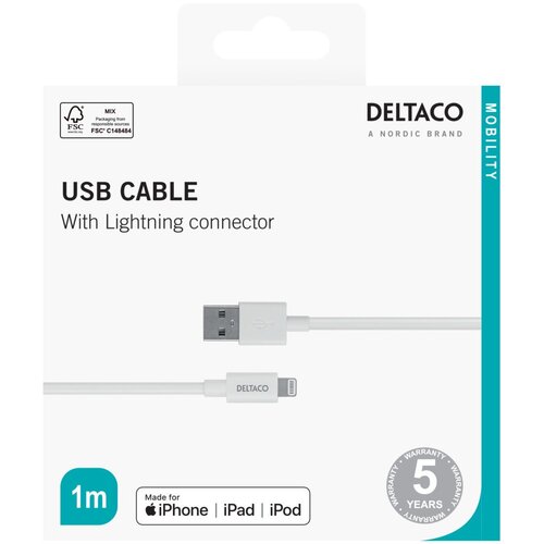 Deltaco Lightning kabel, 1m, Apple C189 čipset, MFi, FSC-označeno pakiranje, bela Slike