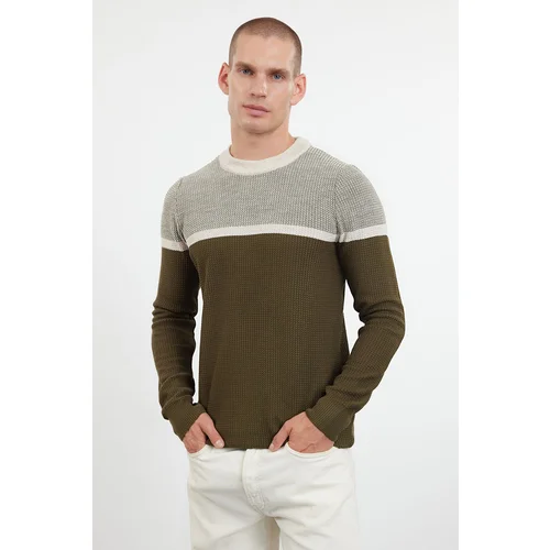 Trendyol Khaki Slim Crew Neck Color Blocked Knitwear Sweater