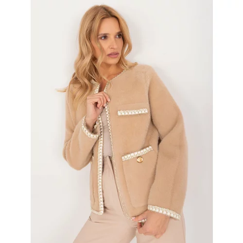 Fashion Hunters Dark beige women's zippered jacket with pockets