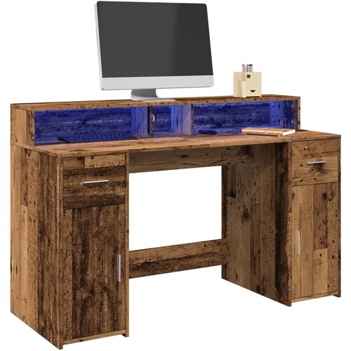 vidaXL Pisalna miza z LED lučkami starinski les 140x55x91 cm inž. les Cene