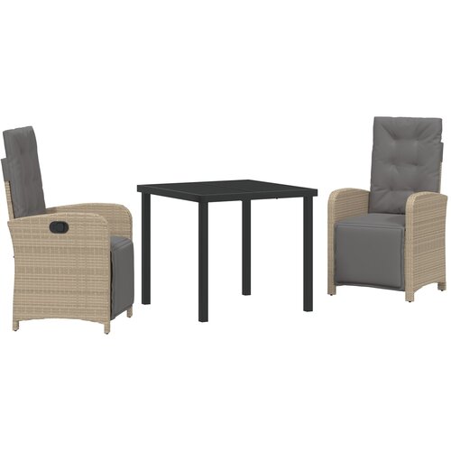 VidaXL set za objedovanje u vrtu od 3 dijela s jastučićima bež poli ratana, vrtni stol crni 80x80x73 cm kaljeno staklo Slike