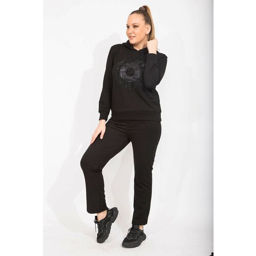 Şans Women's Plus Size Black Stone Detail Hooded Sweatshirt Trousers Double Suit Slike
