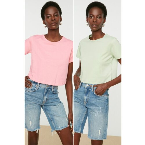 Trendyol Pink-Mint 100% Cotton Crew Neck 2-Pack Crop Knitted T-Shirt Slike