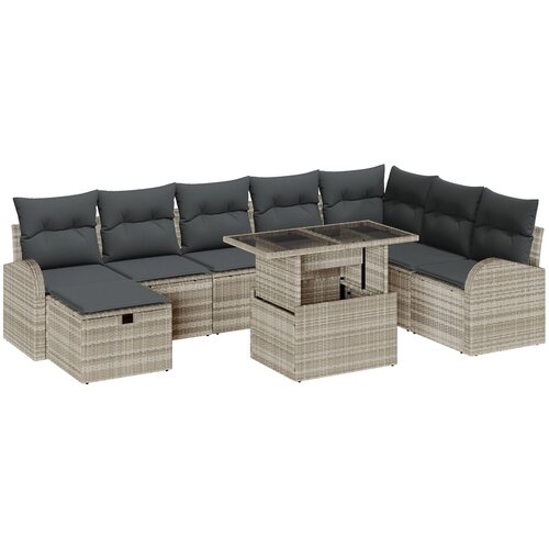 vidaXL 9-delna vrtna kavčna garnitura z blazinami Svetlo siva Poli ratan, 2-sedežna vrtna sofa s shrambo in blazinami Svetlo siva Poli ratan, (22092587) Cene