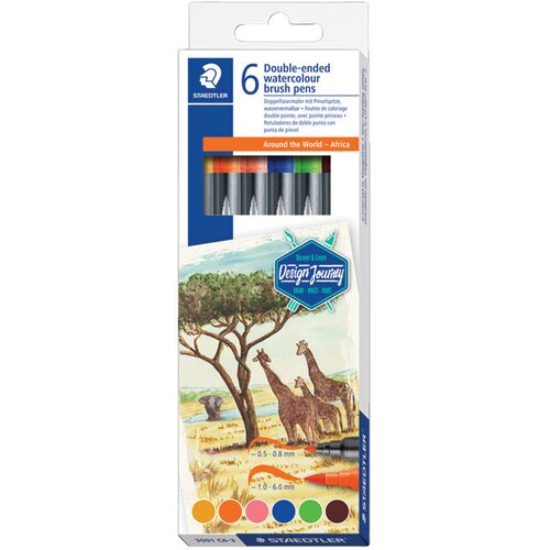  FLOMASTER 6 BARV OBOJESTRANSKI AKVAREL &amp;quot;AFRICA&amp;quot; DESIGN JOURNEY STAEDTLER 3001 C6-3 BLISTER Slike