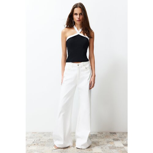 Trendyol Black Color Blocked Barter Neck Unit Ribbed Stretch Knitted Blouse Slike