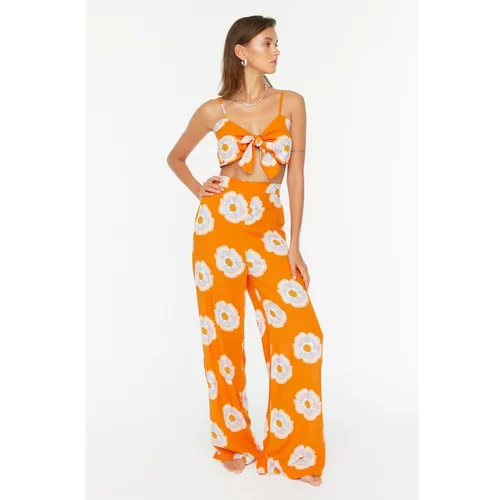 Trendyol Orange Floral Patterned Lacing Detailed Blouse-Pants Set