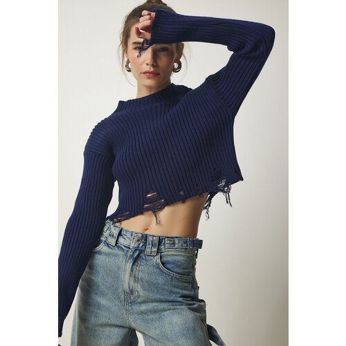 Happiness İstanbul Women's Navy Blue Ripped Detail Knitwear Crop Sweater Slike