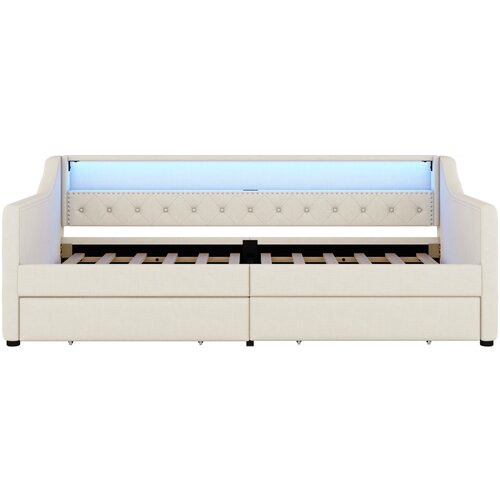 Lumor Postelja s klopjo iz lana 90x200 cm z LED - 2 predala in USB vtičnice - Z lesenimi letvicami - Bež, (22155769) Cene