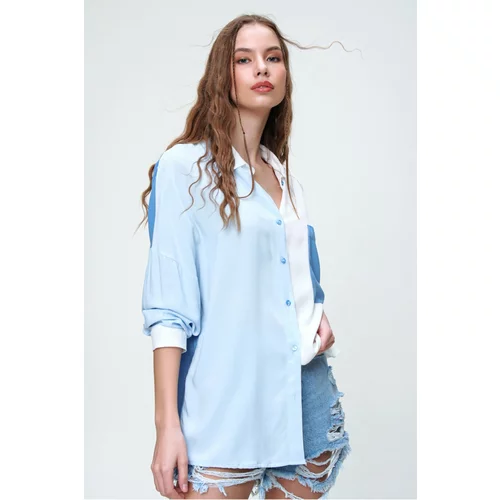 Trend Alaçatı Stili Women's Blue Single Pocket 3 Color Block Woven Viscose Shirt