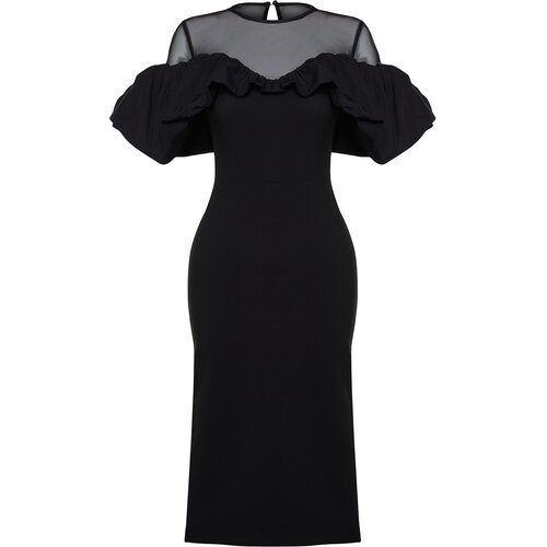Trendyol black body-sitting woven collar detailed elegant evening dress Cene