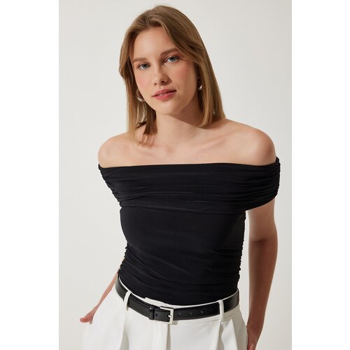  Women&amp;#039;s Black Gathered Open Shoulder Sandy Blouse Slike