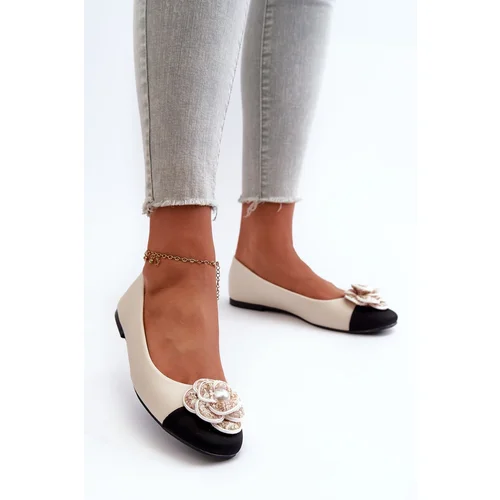 PS1 Women's Ballerina Flats in Beige Eco Leather with Decorative Detail Divinella