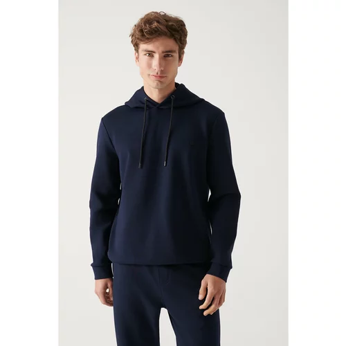 Avva Men's Navy Blue Sweatshirt Hooded Stretchy Soft Texture Interlock Fabric Standard Fit Regular Cut