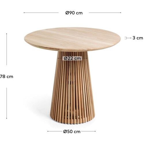 Kave Home Okrogla jedilna miza iz masivnega tika v naravni barvi &amp;oslash; 90 cm Jeanette &amp;ndash; Slike