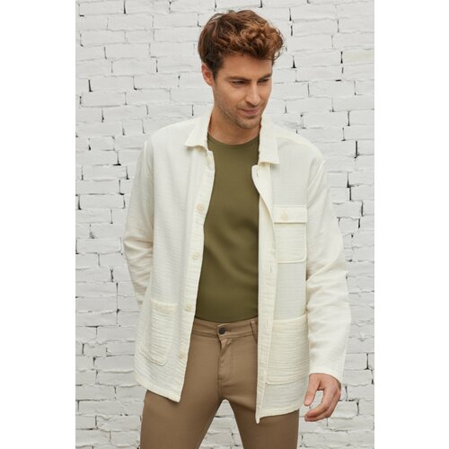 ALTINYILDIZ CLASSICS Men's Beige Comfort Fit Relaxed Cut Hidden Button Collar 100% Cotton Winter Shirt Jacket Slike