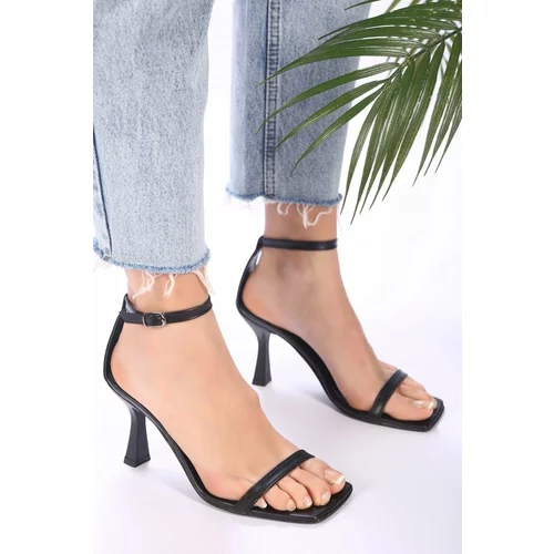 Shoeberry Women's Sesa Black Skin Single Strap Heeled Shoes