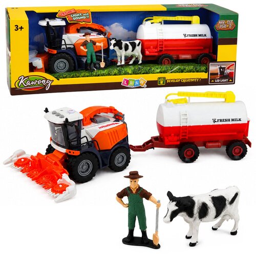  Combine Harvester with Milk Tanker Figures Cow Farmer Lights Sounds 4 pcs. Cene