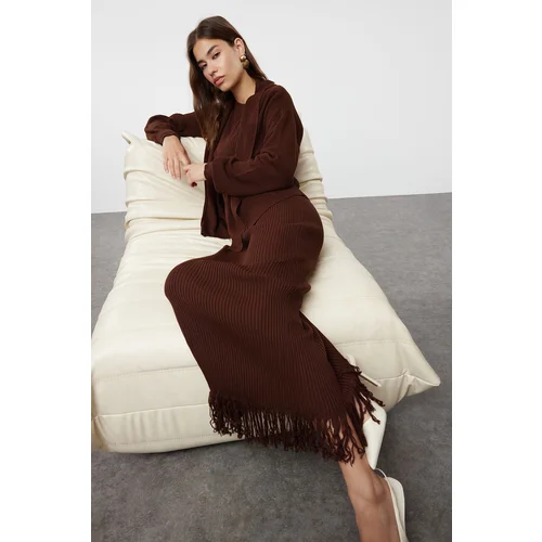 Trendyol Dark Brown Tassel Detailed Knitwear Cardigan Dress Bottom-Top Set