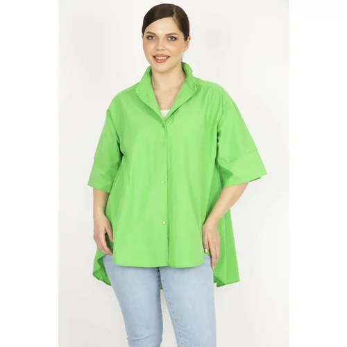 Şans Women's Green Plus Size Front Buttoned Long Back Shirt