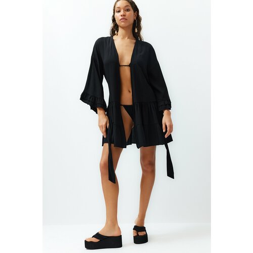 Trendyol Black Belted Mini Woven Frilly Kimono & Kaftan Slike
