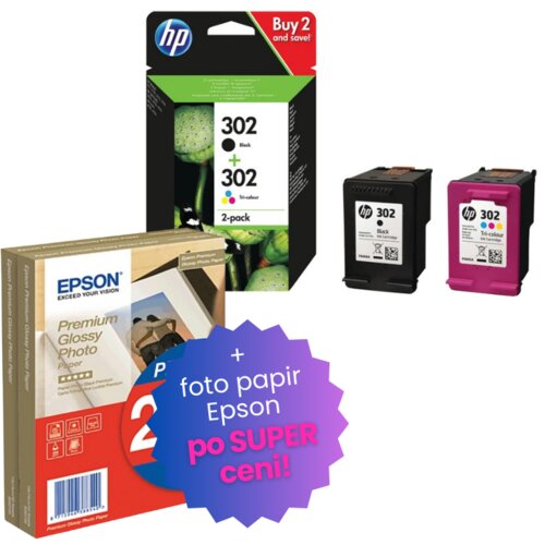 Epson Kartuša HP X4D37AE (nr.302 BK + nr.302 CMY), dvojno pakiranje, original + foto papir po SUPER Cene