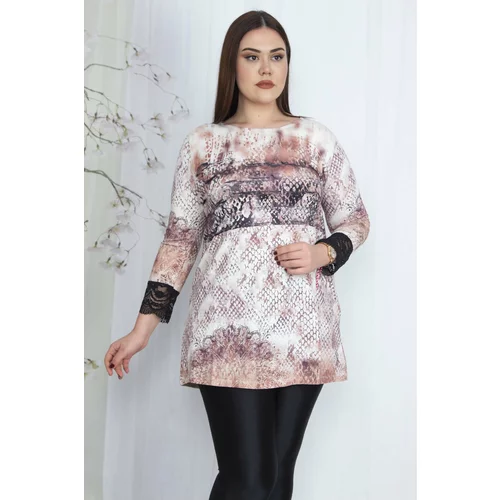 Şans Women's Plus Size Colorful Sleeves Lace Detailed Patterned Tunic