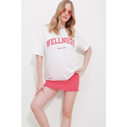 Trend Alaçatı Stili women's pink crew neck printed oversize cotton t-shirt Cene