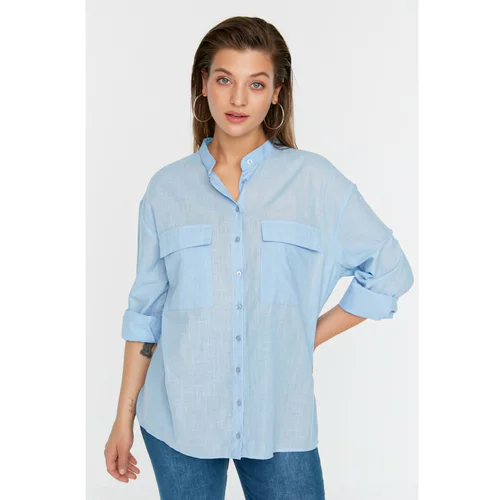 Trendyol Curve Blue Pocket Woven Shirt