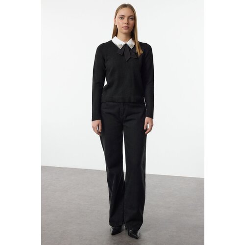 Trendyol Black Soft Textured Garnished Ribbon/Bow Detailed Stone Knitted Sweater Slike