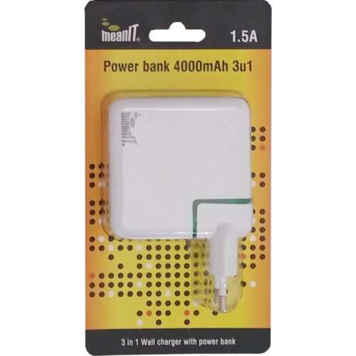 Meanit Punjač prijenosni za mobitele + LED svjetiljka, 4000mAh - POWER BANK 4000mAh, 3IN1, Bijeli Slike
