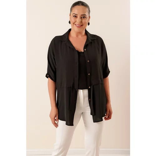 By Saygı Belted Waist With Buttons In The Front Plus Size Ayrobin Tunic Shirt Black