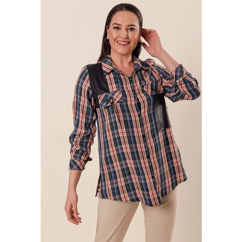 By Saygı Leather Combined Checkered Plus Size Shirt Green Slike