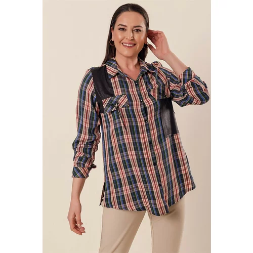 By Saygı Leather Combined Checkered Plus Size Shirt Green