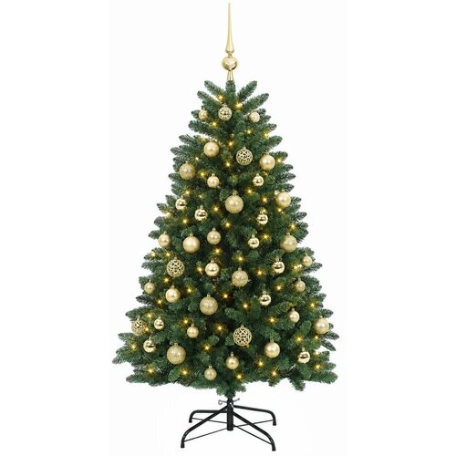  Umjetno božićno drvce srednje zeleno s kuglicama 150 cm - Srednje zelena &amp;Oslash; 80 x 150 cm s 150 LED dioda i zlatnim kuglicama Slike
