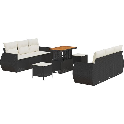 VidaXL 9-delni vrtni sofa set z blazinami črn poli ratan akacija, 3-delni vrtni jedilni set z blazinami črn poli ratan akacija Slike