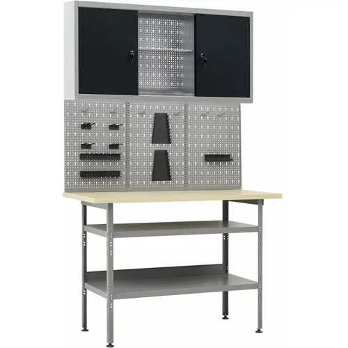 vidaXL Delovna miza s tremi stenskimi paneli in eno omarico