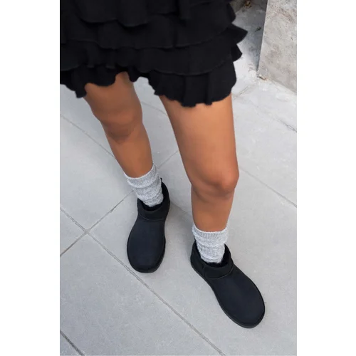 NİŞANTAŞI SHOES Women's Mini Black Suede Ankle Boots with Pile Insole, Flat Sole Women's Shoes.