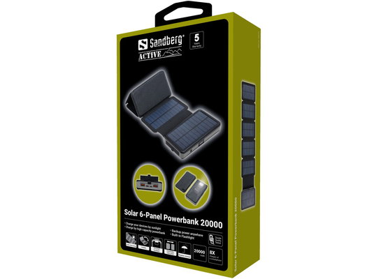 Sandberg Banka baterija - solarni Powerbank 20000 sa 6 panela (na solarno napajanje; vanjski; IPX4 otporan na prskanje; LED svjetlo; 2xUSB-A+USB-C) Slike