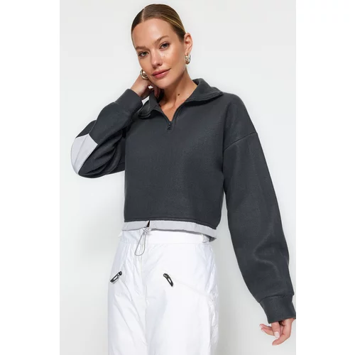 Trendyol Anthracite Crop Parachute Detailed Polo Neck Zipper With Stopper Fleece Knitted Sweatshirt