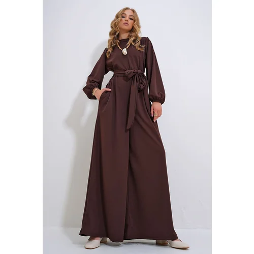 Trend Alaçatı Stili Women&#39;s Brown High Collar Back Zipper Princess Sleeve Waist Belted Jumpsuit