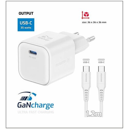 Swissten punjač za AC220, GaN, 1xUSB-C, 35W, 3A, bijeli + USB-C kabel Slike