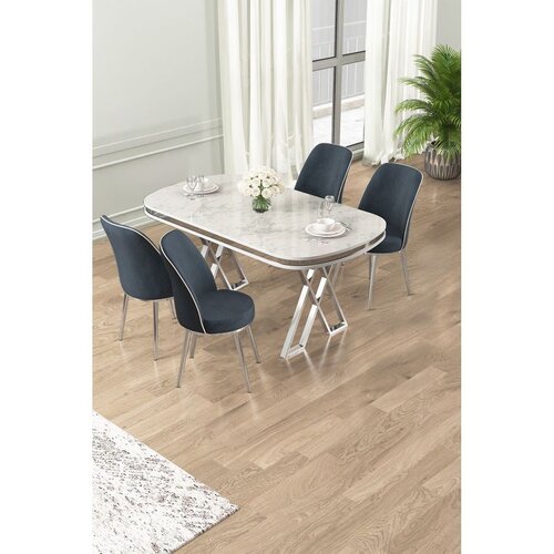 Hanah home trpezarijski set Lai, sto i 4 stolice, ploča u dekoru belog mermera, hromirane noge, antracit tkanina Babyface Cene