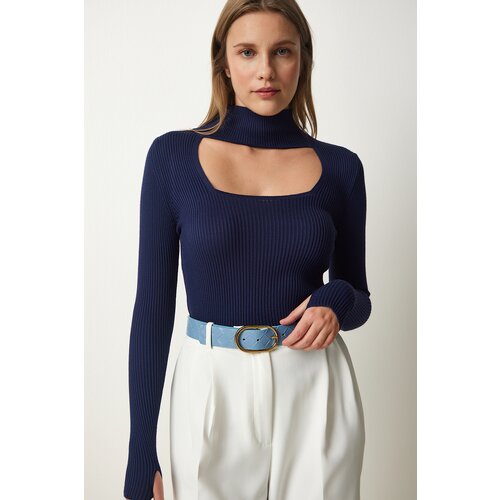 Happiness İstanbul Women's Navy Blue Cut Out Detailed High Collar Ribbed Knitwear Sweater Slike