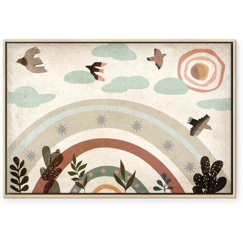  Slika - Rainbow and Sun Above - Birds in Subdued Colors Flying Among Clouds Above a Rainbow and Various Plants on a Light Backgr Slike