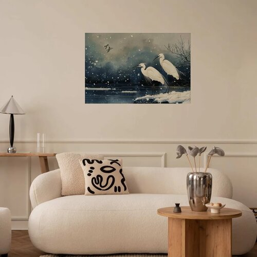  Plakat - Herons over a Winter Pond - illustration in the Japanese style in dark colors 60x40 Bez okvira Slike